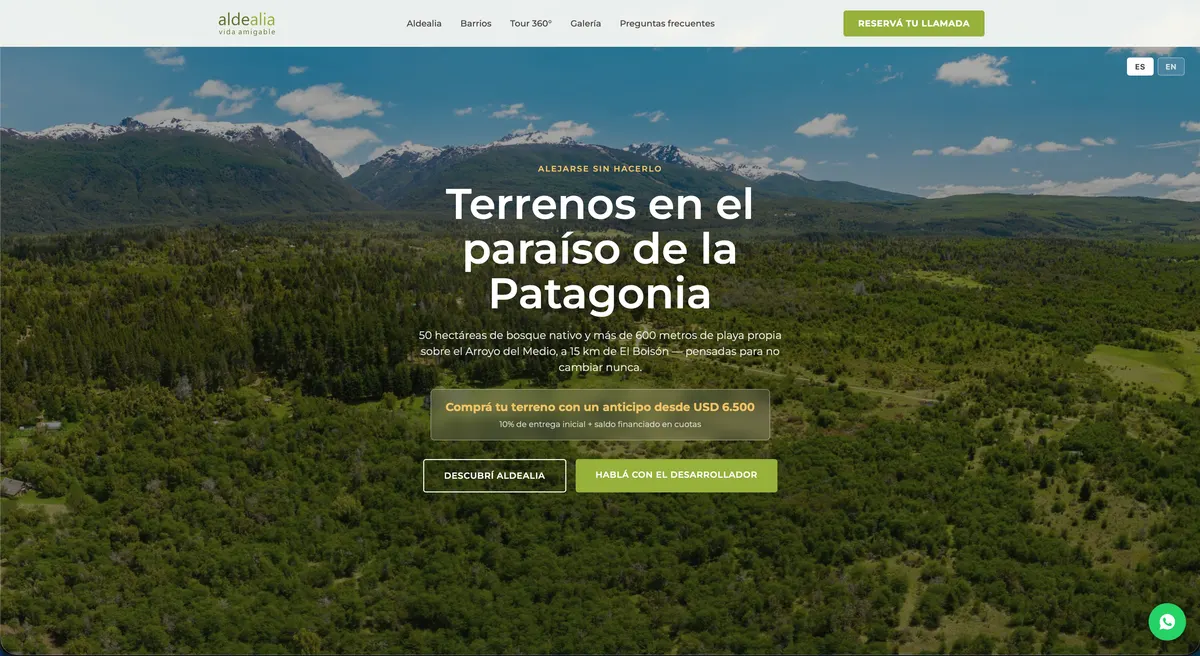 Landing web completa del desarrollo Aldealia