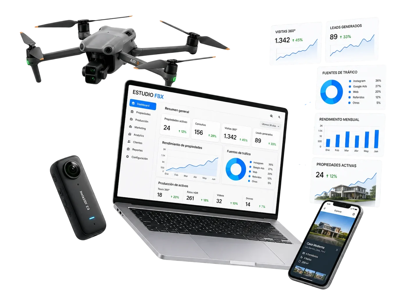 Producción de activos digitales inmobiliarios: drone, dashboard, cámara 360 y app